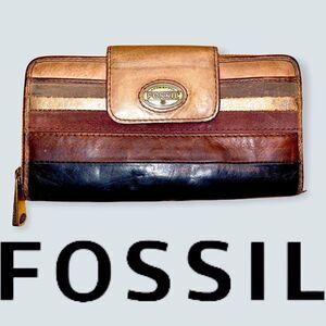 Fossil Multi Color Leather Suede Patchwork Wallet black and browns